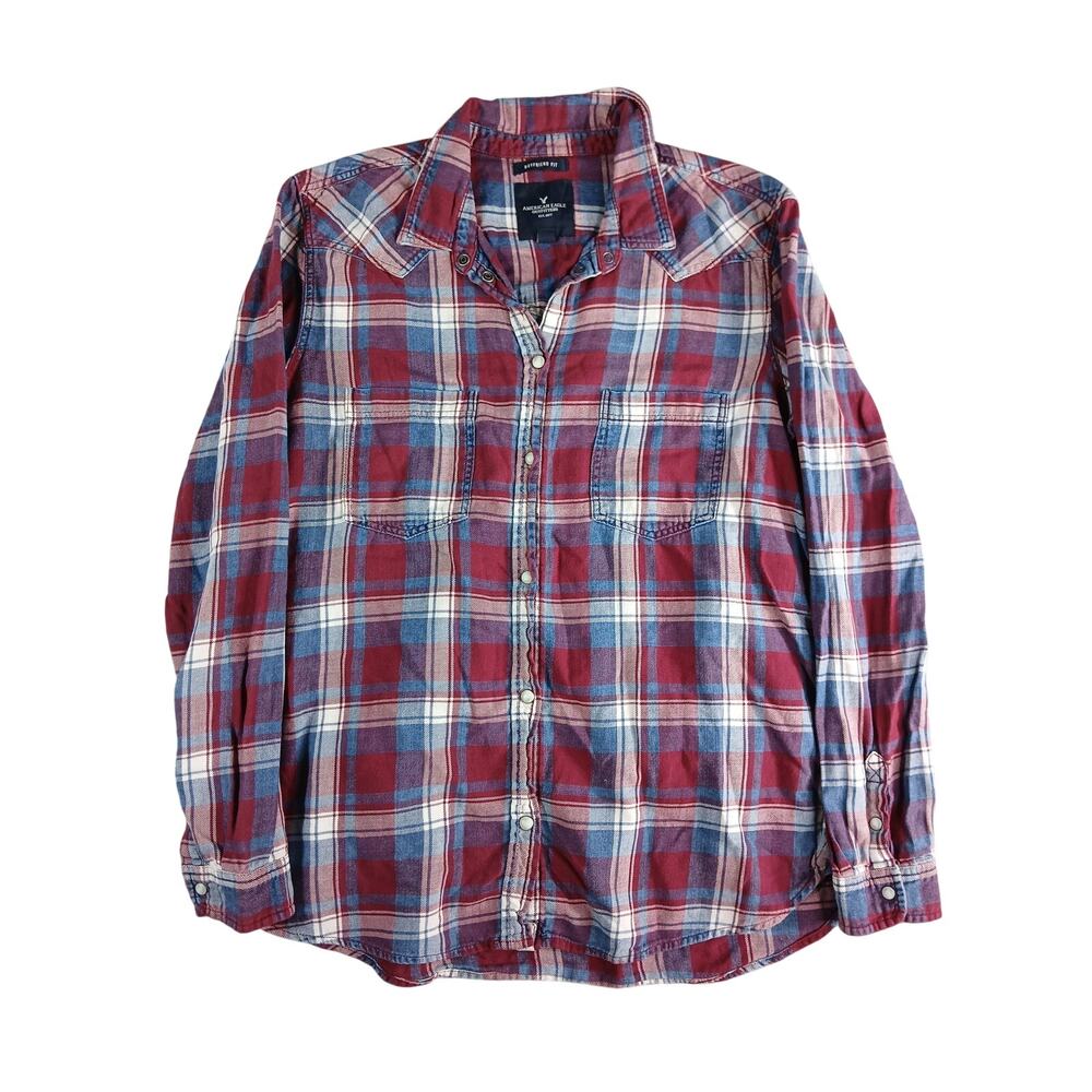 American Eagle Shirt Womens Large Red Plaid Pearl Snap Boyfriend Fit Western
